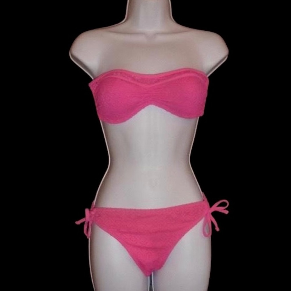 MAURICES Hot Pink 2 Piece Strapless Sexy Bikini, Tie Sides, Removable Pads, S
